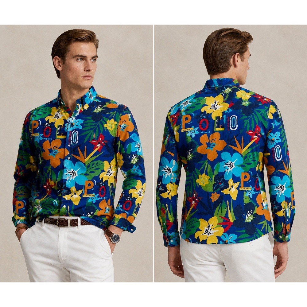Polo Ralph Lauren Logo Floral Shirt Mens 2XL Tropical Blue Pony Button Up NEW